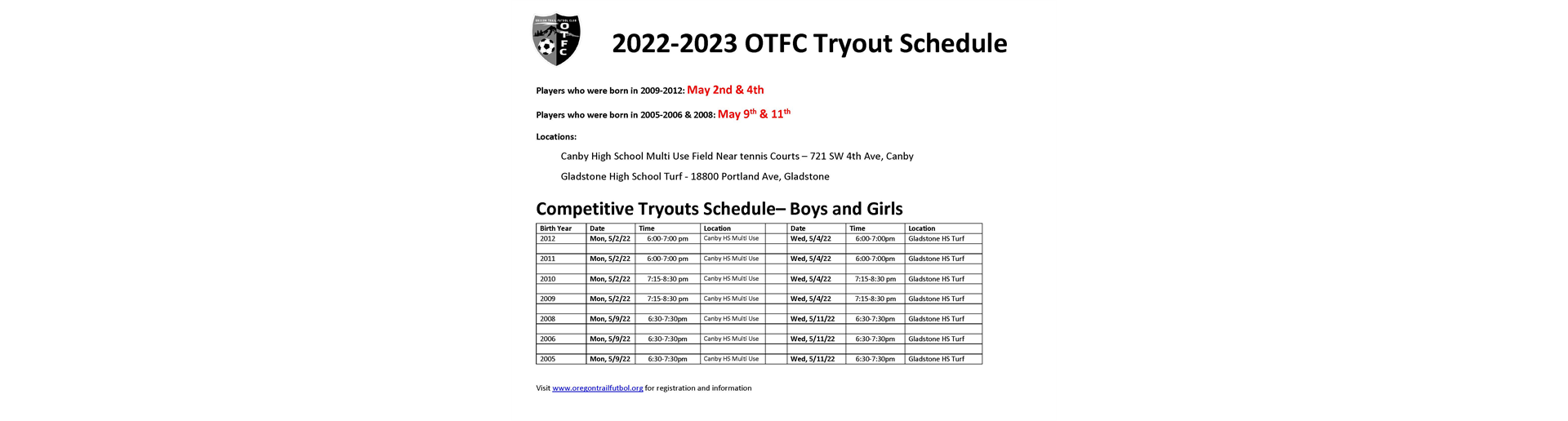 OTFC Compettive Tryouts Dates Set